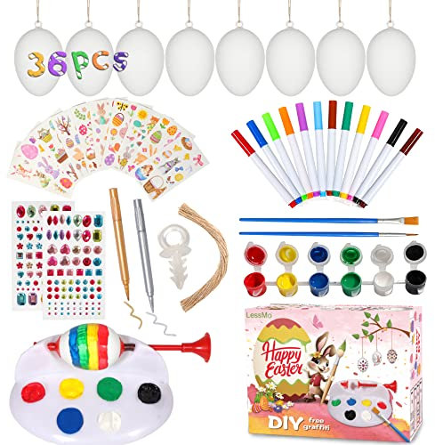 LessMo Uova di Pasqua Decorative, 36 Pezzi Uova Pasquali da Appendere, Decorazioni Fai da Te, Bianco Uova Pasquali con La Corda di Pasqua per La Decorazione e Regalo