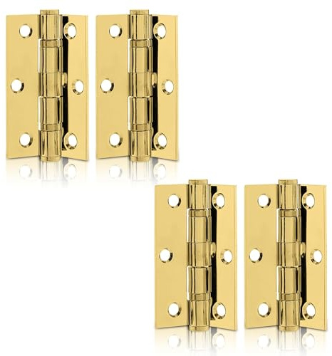 UAP 3 Inch Ball Bearing Butt Door Hinges for Internal Doors 75mm x 50mm Mild Steel Square Corner Internal 4 Pack Polished Brass Finish
