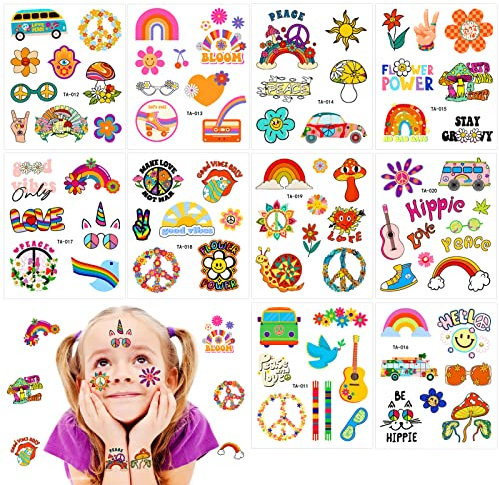 Qpout 10 STÜCKE Hippie Temporäre Tätowierung Trendige Hippie Blume Tattoo Aufkleber Gesichtstattoos für Erwachsene und Kinder Liebes- und Friedenszeichen Temporäre Tätowierung Party Favor Zubehör