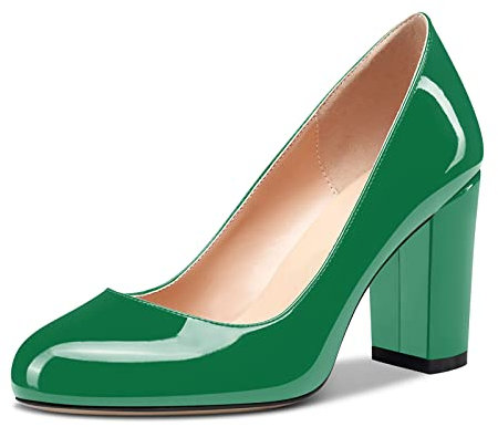 HDEUOLM Damen Chunky Blockabsatz Hoher High Absatz Heel Geschlossene Runde Zehenkappe Pumps Slip-on Hochzeit Büroschuhe Cute Schuhe 8CM Heels Grün Lackleder 36 EU