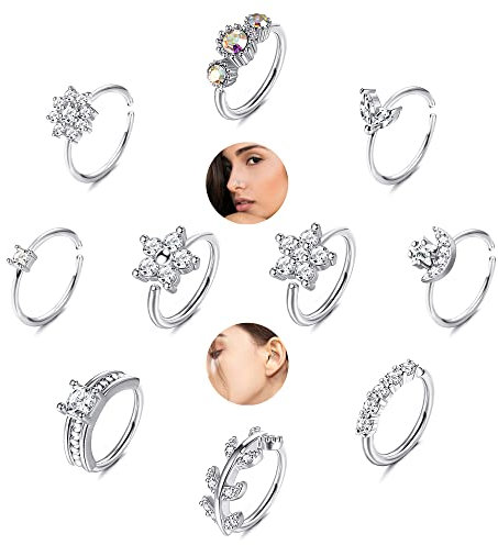 Kakonia 10 Stück 20 g Nasenringe, Nasenringe, aus Edelstahl für Frauen, Knorpelohrringe, Raupe, Blume, Mondblätter, Pavé-Fassung, CZ, Nasenpiercing, Edelstahl, Edelstahl
