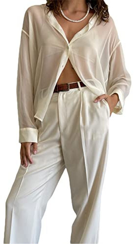 Women Sexy See-Through Loose Shirts Long Sleeve Button-Down Solid Color Lapel Collar Mesh Basic Blouse Top Streetwear (White, Small)