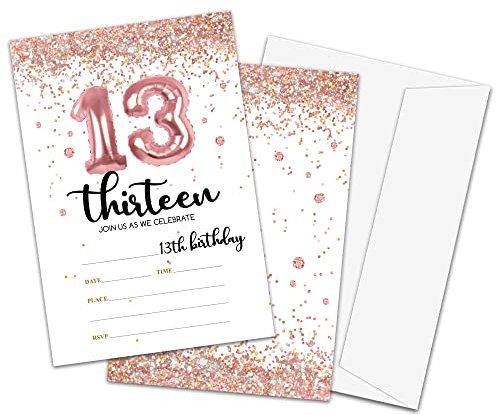 TIOFUNO Party-Einladungen zum 13. Geburtstag, Rotgold, 10,2 x 15,2 cm, Blush Pink, Folieneinladungen für Mädchen, 20 doppelseitige Einladungen mit Umschlägen, personalisiertes Partyzubehör - A04