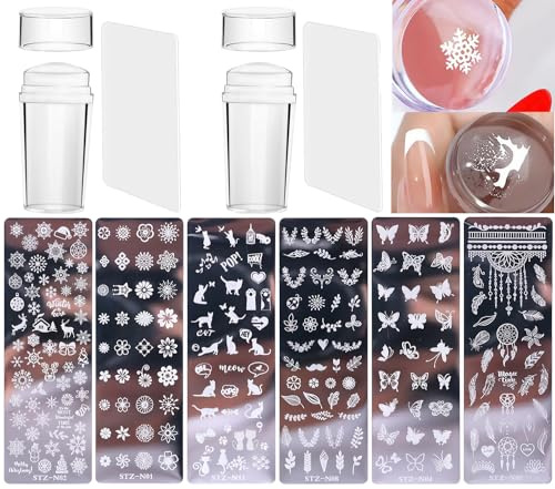 10 Pcs Nail Stamp Template Kit French, Contains 2 Stamper 2 Squeegee 6 Pattern Templates, for DIY Nail Decor Easy French Style Nail Art Designs, Nail Stamper Stencil Plates Set Manicure Nail Supplies