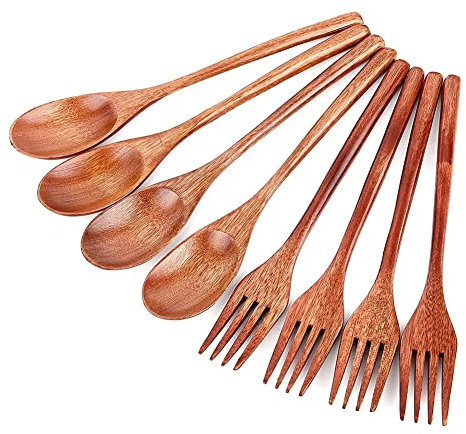 Bopfimer 8Pcs Wooden Spoons Forks Set, Japanese Style Wooden Utensil Set, Handmade Kitchen Spoon, Reusable Travel Flatware Set