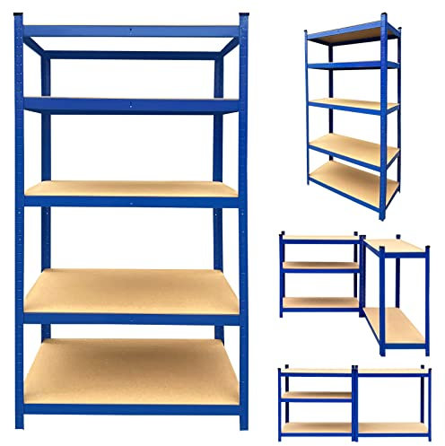 Scaffale in metallo blu, 200 x 100 x 50 cm (altezza x larghezza x profondità), unità a 5 strati, acciaio e MDF, componenti senza viti, scaffale per garage, ripiano regolabile, capacità totale 875 kg