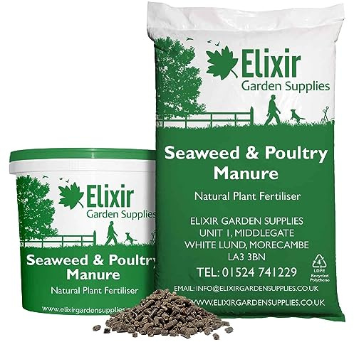 Elixir Gardens Organic Seaweed & Chicken/Poultry Manure Mix Pellets Fertiliser | N.P.K 5.3-3.5-3 | Natural Blended Plant Feed & Compost Improver | 20kg Tub | Treats 200sqm