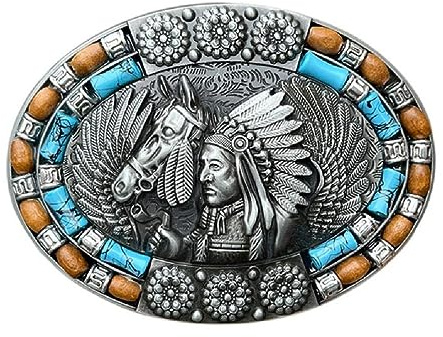 SHENGANG Gürtelschnalle Vintage Stil Metall Relief Indianer Und Pferdeform Zarte Gürtelschnalle DIY Bund Zubehör Cowboy Rock Stil Western Gürtelschnallen Herren Cowboy Western Gürtelschnallen