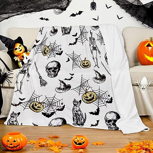 KEPMOV Halloween Kuscheldecke, Halloween Totenkopf Decke Bedruckt mit Skelett Mann Totenkopf Katze Hexe Hut Spinnennetz Kürbis für Männer Frauen, Flanell Fleece Halloween Decke für Sofa, 130 x 150 cm