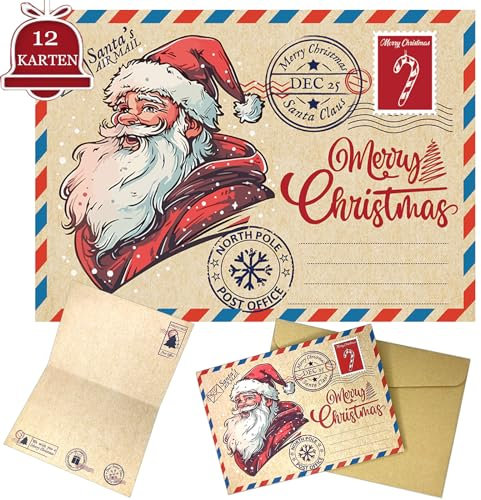 Weihnachtskarten mit Umschlag Set (12 Stück) - A6 Klappkarten Briefpapier Weihnachten - Merry Christmas Postkarten mit Umschlägen für deine Weihnachtsgrüße