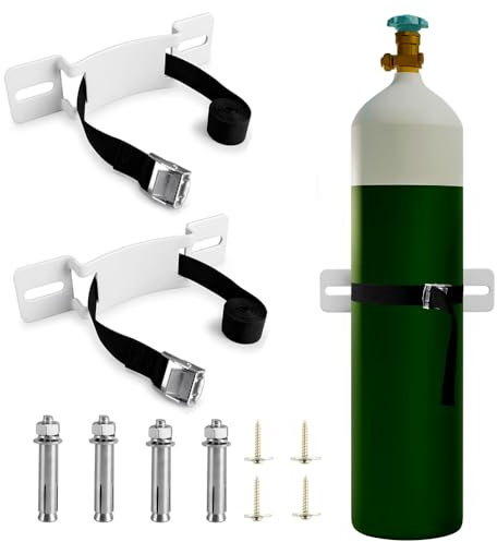 MROUDELUO 2-Set Wall Mount Propane Tank Bracket with Adjustable Strap and Safety Belt, Powder Coated Alloy Steel, White