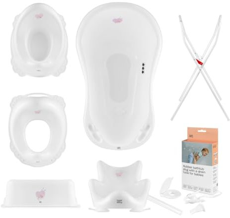 Hylat Baby Komplett-Set: Stabile Babybadewanne mit Thermometer, Ständer Badewannensitz, Ablaufschlauch, Toilettentrainer, Töpfchen, Bad-Tritthocker - stabil und bequem