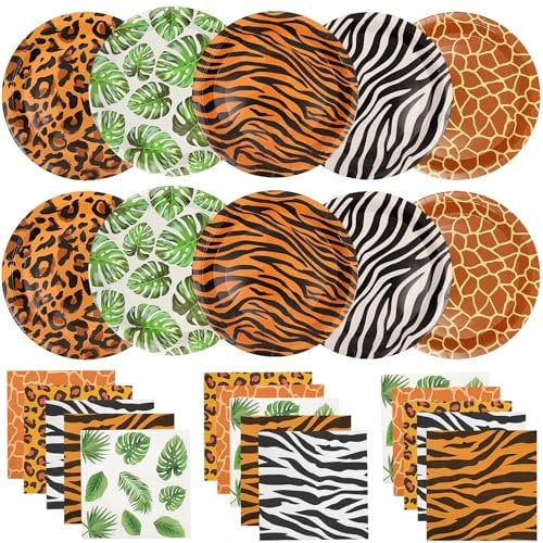 Générique 100 pièces fournitures de fête d'animaux sauvages Jungle Safari assiettes et serviettes en papier jetables avec impression d'animaux du zoo de la jungle pour fête d'anniversaire