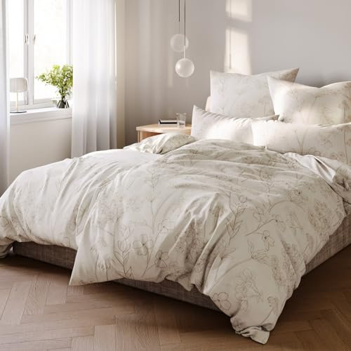 Pure Label Blumen Bettwäsche 4teilig 155x220 cm mit einem 2er Set Kissenbezüge 40x80 cm - Traumhaft weiches Bettwäsche-Sets 155 x 220 cm in Creme aus 100% Baumwolle mit YKK Reißverschluss