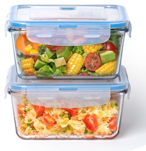 NUTRIUPS Récipients alimentaires en verre hermétiques de 1 L avec couvercles, ensemble de stockage alimentaire carré, sans BPA, pour la préparation des repas, les voyages, le congélateur, le four