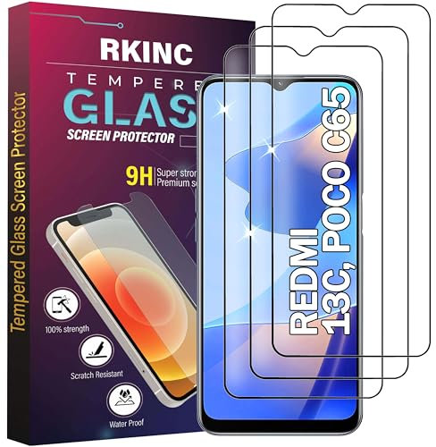 RKINC Protector pantalla [3 Piezas] para Xiaomi Redmi 13C, Poco C65, Cristal templado película de vidrio, 9H 0.33 mm [Anti-rasguño][Anti-rotura][Sin burbujas][Garantía de por vida]