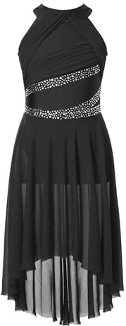 CHICTRY Tanz Kleider Kinder Mädchen Ballettkleid Strass Glitzer Eiskunstlauf Kleid Ärmellos Tanzbody Trikot Asymetrisch Chiffon Rock Tanzrock Dancewear Schwarz 146-152