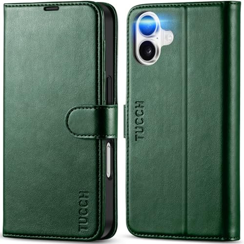 TUCCH Case for iPhone 16 (6.1) 2024 5G, Magnetic PU Leather Wallet Kickstand Folio Foldable Cover with [Shockproof Protective TPU][RFID Blocking][Card Holders] Compatible with iPhone 16, Evergreen