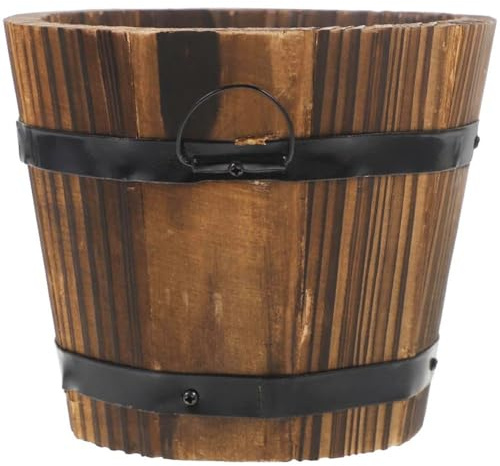 Tsffae Mini Cubo De Barriles De Madera con Asa, Macetero De Barril De Whisky, Macetas Rústicas, Macetas Decorativas Redondas De Madera para Interiores Y Exteriores, Patio Y Jardín
