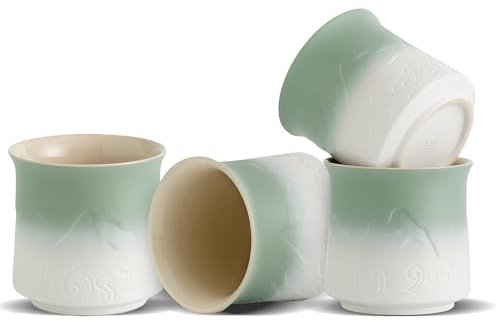 ZENS Japanische Teetasse 4er Set, 240ml Ästhetik geprägte Japan Tee Tasse für Matcha Tee, Chinesische Teetasse ohne Henkel, Japanische Teetasse Traditionelle,Teeliebhaber Geschenke, Moosgrün&weiß