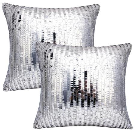 Silberne Kissenbezüge – 2 Stück silberne Pailletten-Kissen, Discokugel-Kissenbezüge, flippige Disco-Weihnachtsdekoration, glitzernde Pailletten-Überwurfkissen, beste Dekoration für Hochzeit, Party,