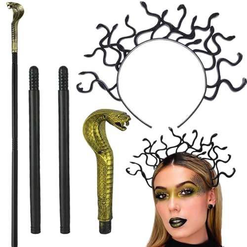YEWCEP 2-Teiliges Set Medusa Kostüm,Mzepter,Medusa, Serpentine Stirnbänder, Plastik Serpentine Haarreifen, Medusa Form für Party, Cosplay, Halloween Medusa Kopfschmuck, Unisex (Schwarz＋Golden)