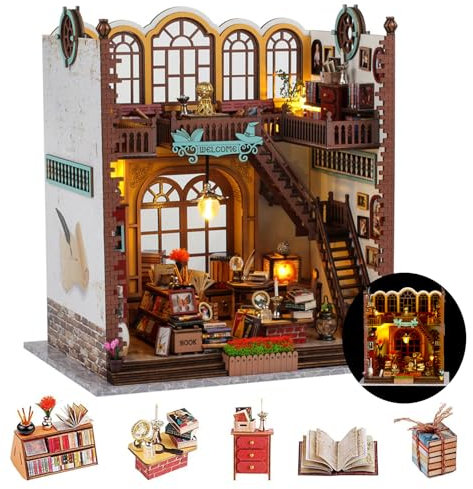 Maison de Poupée en Bois Miniature, Maison a Construire Kit,DIY Miniature House avec Meubles et Lumière LED, Cadeau de Bricolage pour Adultes Enfant(Librairie Magique)