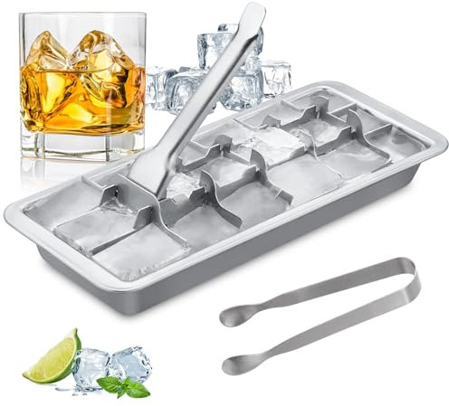 Edelstahl Eiswürfelform, Eiswürfelbereiter mit Hebeleinsatz & Eiszange Füllvolumen für 18 Eiswürfel plastikfreie Eiswürfelform Retro Eiswürfel-Form Ice Cube Tray