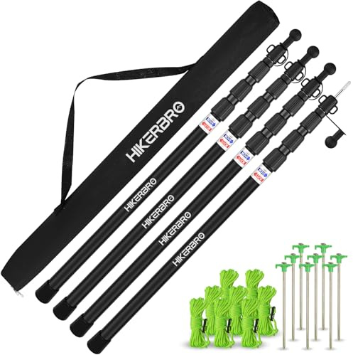 HIKERBRO Planenstangen, Teleskop-Zeltstange, 4 Stück, 2,3 m, Aluminium, leicht, tragbar, mit Schutzkappe, für Camping, Markise, Sonnenschutz, Regenfliege, kostenlose Spannseile und Heringe (4 Stangen)