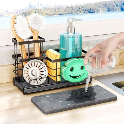 SWTYMIKI Kitchen Sink Caddy Organiser - Quick Dry Smiley Face Sponge Holder for Kitchen Sink with Instant Drying Stone, Large Rustproof Sink Tidy Caddy for Kitchen Countertop Organisation