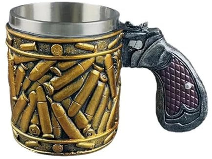 Revolver Kaffeebecher - 450 ml - Pistolengriff und Ball Motiv, trendige Revolver-Tasse, Trinkbecher aus Edelstahl mit Revolvergriff, Ruhestandsgeschenk für
