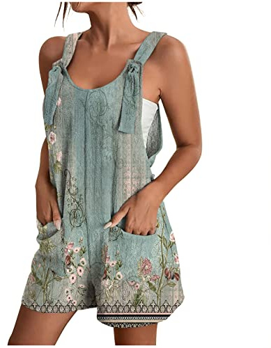 PAIDAXING Jumpsuits for Women UK Summer Short Dungarees Sleeveless Cotton Linen Playsuits Loose Fit Adjustable Strappy Overalls Ladies One Piece Short Rompers with Pockets