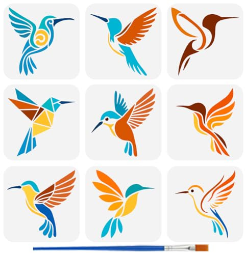 FINGERINSPIRE 9 Stück Kolibri Schablonen Zum Malen Mit Pinsel 15x15cm Wiederverwendbare Vogel Silhouette Vorlage Ausgehöhlte Kolibri Musterschablone Kunststoff PET Tiermotiv Vorlage Zur Dekoration