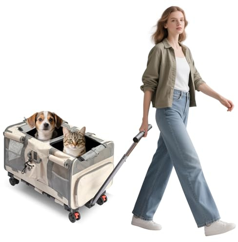 PETCUTE Transporttasche für Katze/Hund mit Zwei Fächern und Abnehmbaren Trolley,Atmungsaktiv Faltbar Tragetasche mit Rollen für 2 Katzen/Hunde,Sicherheitsleine,ideal für Reisen/Spaziergänge,Beige