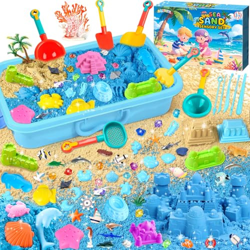 AMCHLEL Sable Magique, Jouets Sensoriels Enfant, Magic Sand avec Moule à Sable et Des Jouets Océaniques, Bac a Sable avec Couvercle, Sable Magique Enfant pour 3+Ans Garçon Fille