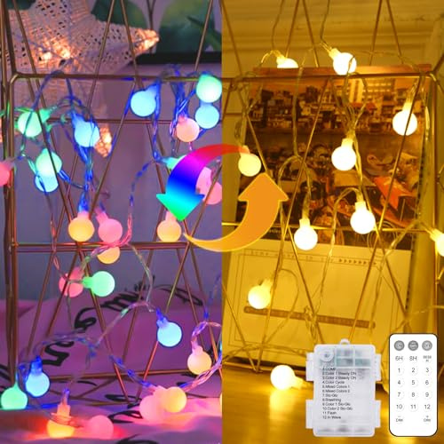kolpop Lichterkette Batterie Innen, 50 LED Lichterkette Kugeln, Wasserdicht Lichterketten Außen mit Timer Fernbedienung, 8 Modi für Zimmer, Balkon, Hochzeit, Party, Weihnachten Deko, Warmweiß & Bunt