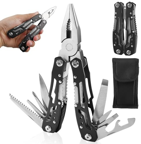 Multitool Geschenke für Männer, Multitool Werkzeug für Valentinstag, Edelstahl Multifunktionswerkzeug Messer Folding Multiwerkzeug, Multifunktionszange mit Aufbewahrungstasche (Schwarz)