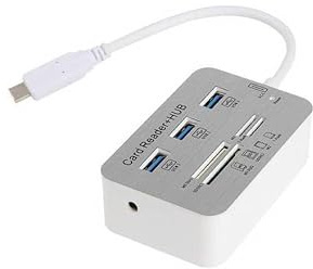 Hub lettore di schede USB 3.0 con 3 porte USB-A, slot per schede di memoria SD/TF/MS/M2, trasferimento dati 5 Gbps, cavo da 15 cm