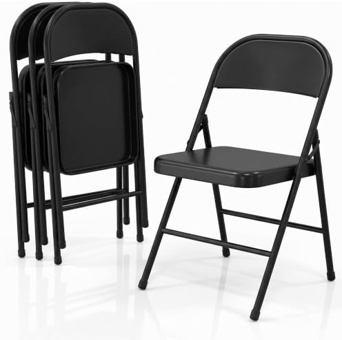 EcoBend Klappstühle 4er Set, Metall Stühle Vollstahl-Gestell, bis 150 kg Belastbar, Faltbare Gästestühle Platzsparend für Küche, Garten, Balkon, Party, Hochzeit, Konferenz, Schwarz
