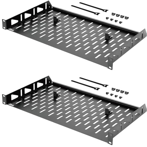 Tecmojo 19 tum 1U 254mm djup Hylla för Fast Montering, Montering Fram, med Halkskydd, Ventilerad Server- och Nätverksrackhylla, 25kg lastkapacitet, 2 Stycken, Svart