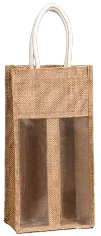 Double Wine Bag with Window，Jute Wine Bottle Gift Bag with Clear Window & Drawstring – Reusable Rustic Wine Carrier for Birthday, Wedding, Party (1 Pack)