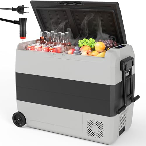 LIFERUN Refrigerador de Coche, Nevera Portátil Eléctrica de 56,5L con Luz LED y Ruedas, Modo MAX/Eco, Zonas de Temperatura Dual, -20°C~20°C, DC 12/24 V y AC 100-240 V, Nevera para Coche para Camping