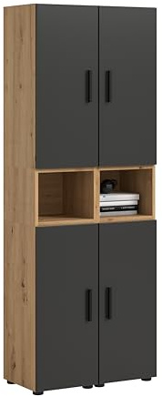 xonox.home – Wohnkombination The One 65x178x34 cm in Artisan Oak und Basalt – Schmale hohe Vitrine mit 4 Türen – 10 Fächer garantieren platzsparende Ordnung in einem markanten, dunklen Holzlook