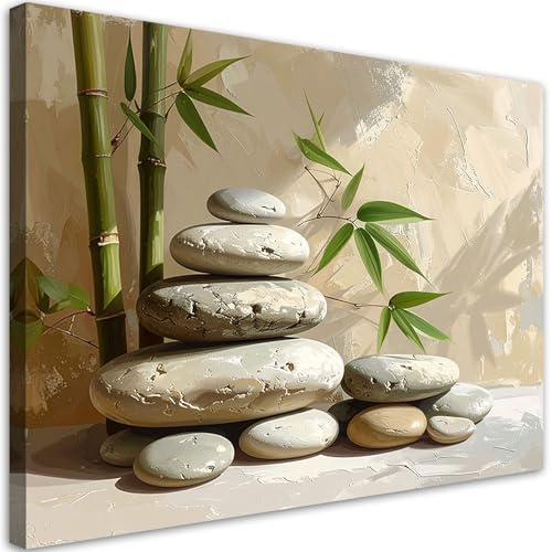 Feeby Leinwand Bilder - Bild Wohnzimmer - Zen Spa Steine Bambus Blätter - 60x40 1tlg - Deko Schlafzimmer Groß - Dekoration Canvas - Gemälde - Modern Wandbilder - Kunstdruck