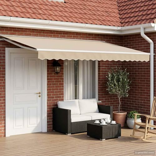 Runheo Tenda da Sole Elettrica Estensibile Beige e Bianco 5x3 Metri con Tessuto Poliestere Resistente alle intemperie, Telaio in Acciaio Verniciato a Polvere, Telecomando per Giardino, Balcone
