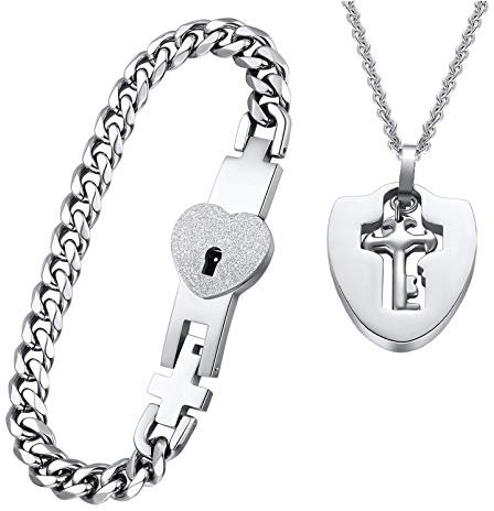 Global Jewelry Amazing Key and Lock Couple Bracelet and Pendant Necklace for Women Men Couple Matching Set (A Set)