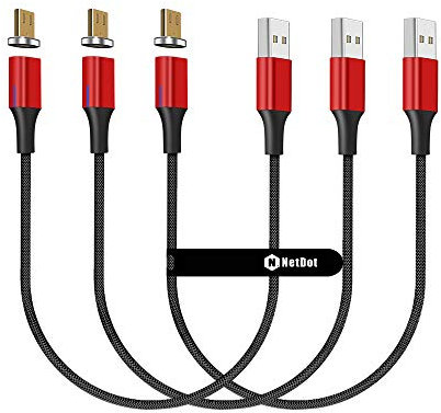 NetDot Gen10 Micro USB Câble de Charge Rrapide Magnétique en Nylon Tressé avec Del Latérale Compatible avec Périphérique Android(0.3m / 3 Pack Rouge)