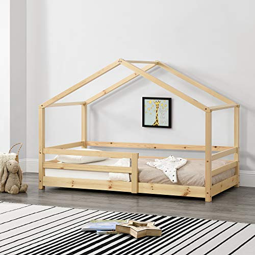 [en.casa] Kinderbett Knätten Hausbett Bodenbett 70 x 140 cm Holzbett für Kinder mit Rausfallschutz Bettgestell mit Lattenrost Kiefernholz Holzfarben