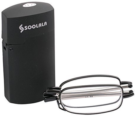 SOOLALA Compact Reading Glasses with Pocket Size Case Telescopic Alloy Frame Readers, Black, +1.25