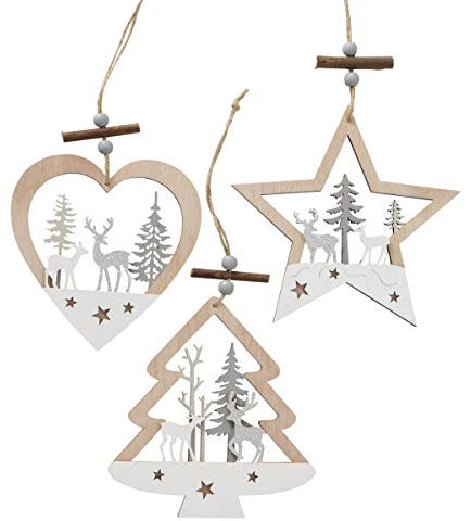 3er Set große Holz Hänger 10cm Weiss braun 3D Stern Baum Herz nr960 Christbaumschmuck Holzdeko Weihnachtsdeko Landhaus Nostalgie Anhänger Vintage bemalte Anhänger
